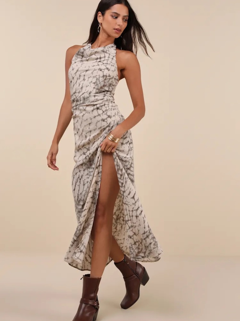 Lulu's Cowl Halter Midi Dress in Grey Abstract Pattern